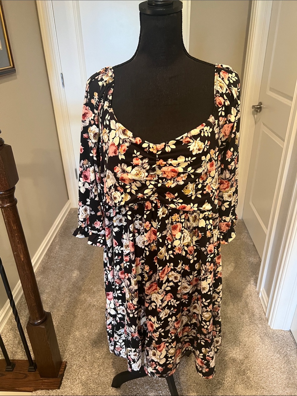 Vibe Black Floral Midi Dress with Pink and Cream Flowers Size 3X